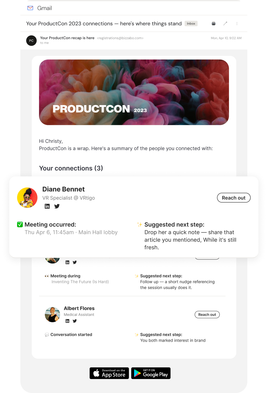 Personalised recap email — connections made, status, suggested next steps